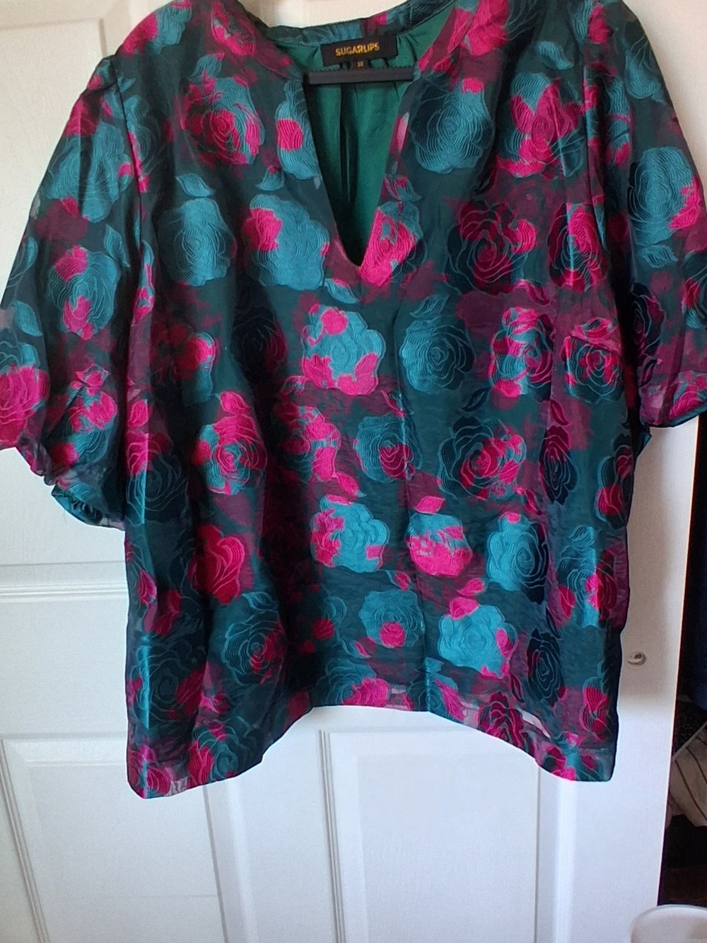 Sugarlips Duson Floral Jacquard Split Neck Top Blue & Pink 3X Like New